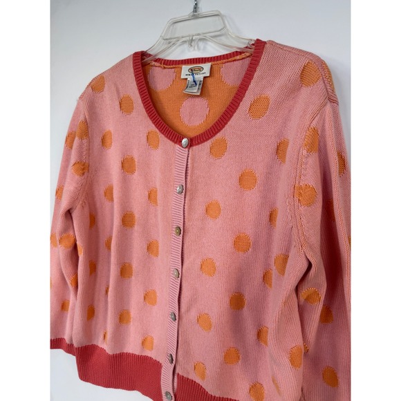 Talbots Sweaters - Talbots Woman Petites Pink Orange Polka Dot Cotton Cardigan Sweater 1X Preppy‎
